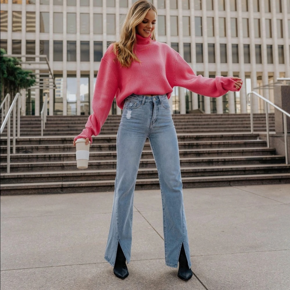 High Waisted Front Slit Jeans